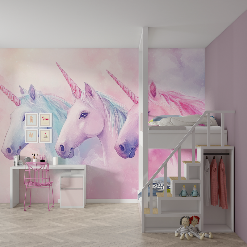 Unicorn Mural Wallpaper | Magical Pastel Trio with Pink and Blue