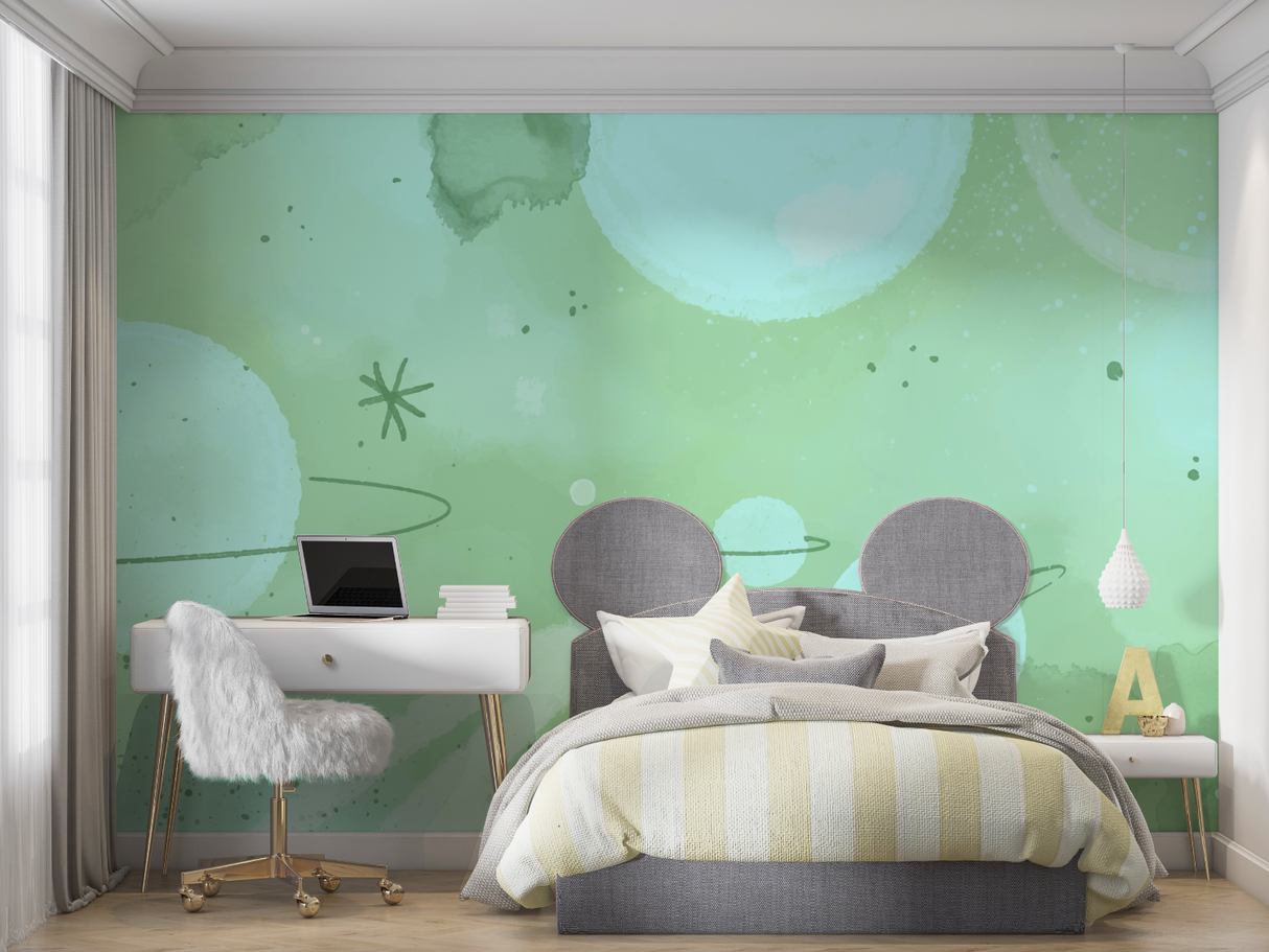 Space Mural Wallpaper | Mint Green Galaxy Design