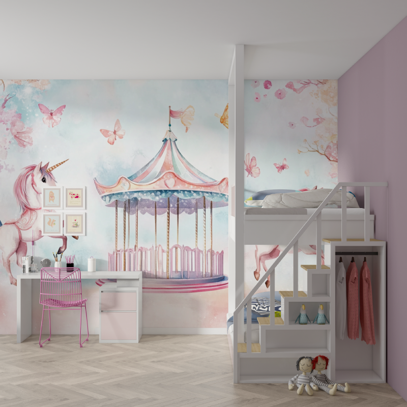 Unicorn Mural Wallpaper | Carousel Fantasy with Butterflies