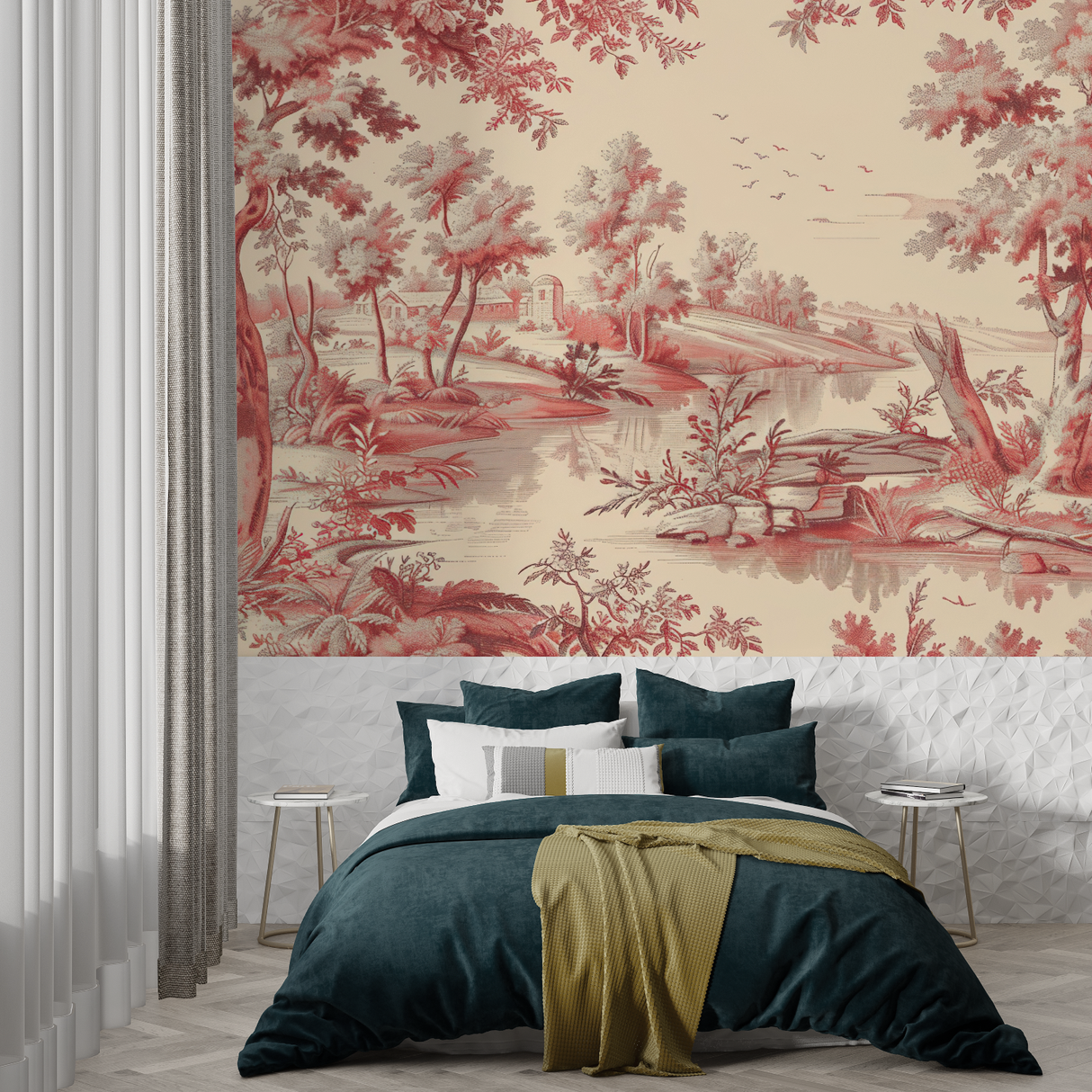 Toile de Jouy Mural Wallpaper | Classic French Countryside Scene in Red