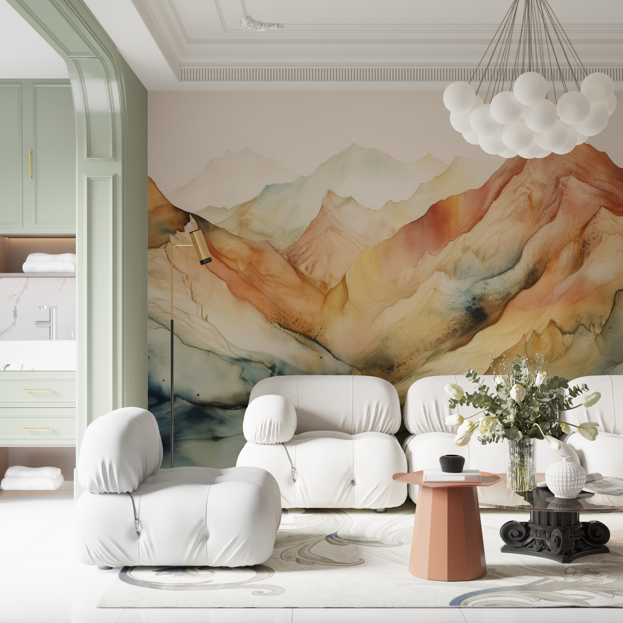 Mountain Mural Wallpaper | Watercolor Terracotta Landscape