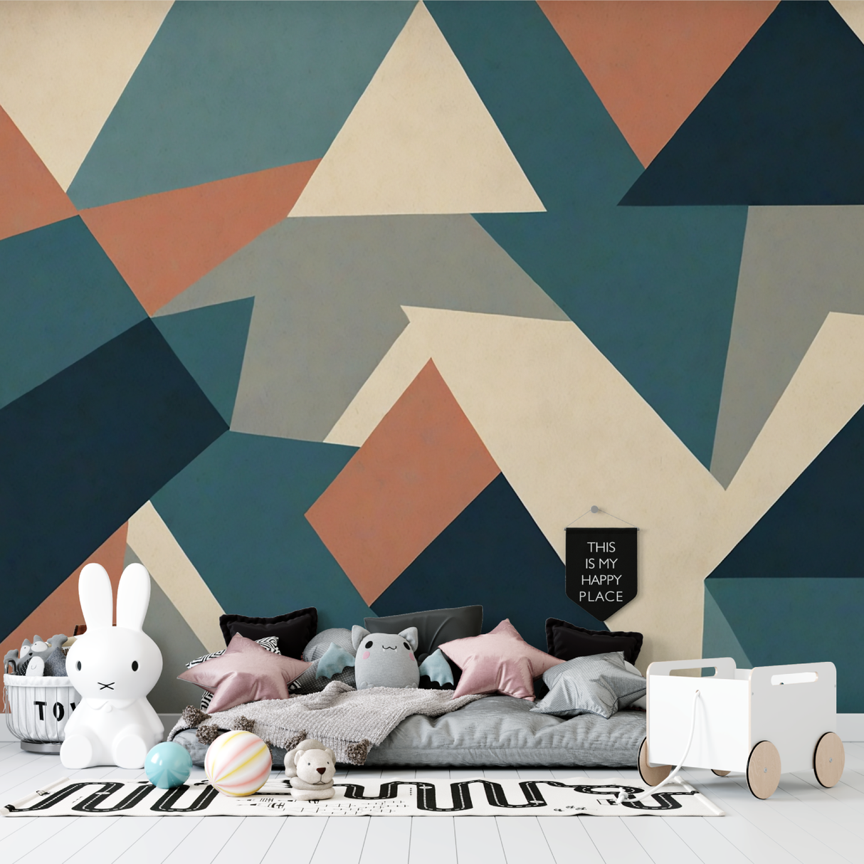 Geometric Mural Wallpaper | Modern Teal and Terracotta Design