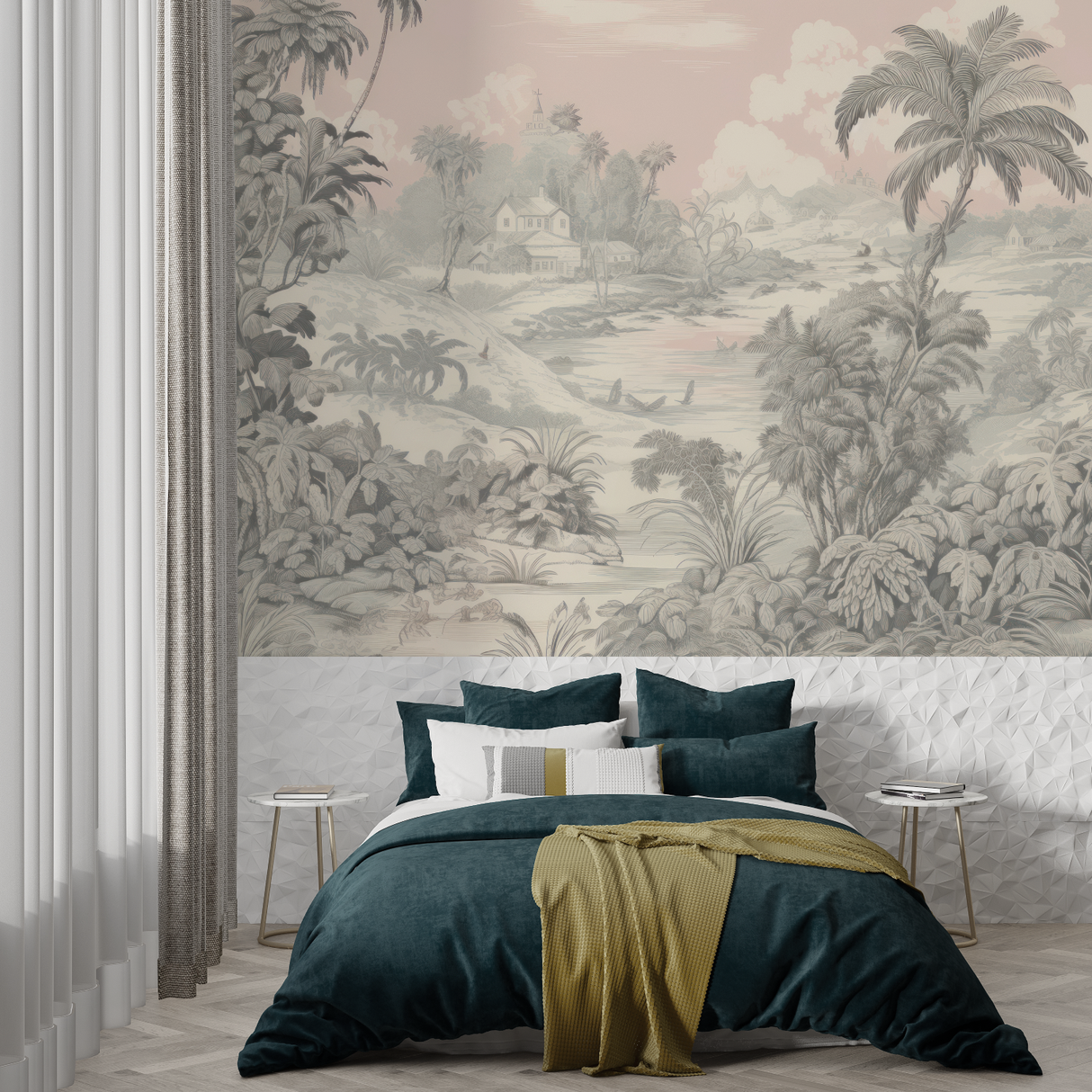 Tropical Mural Wallpaper | Vintage Palm Trees Landscape in Beige