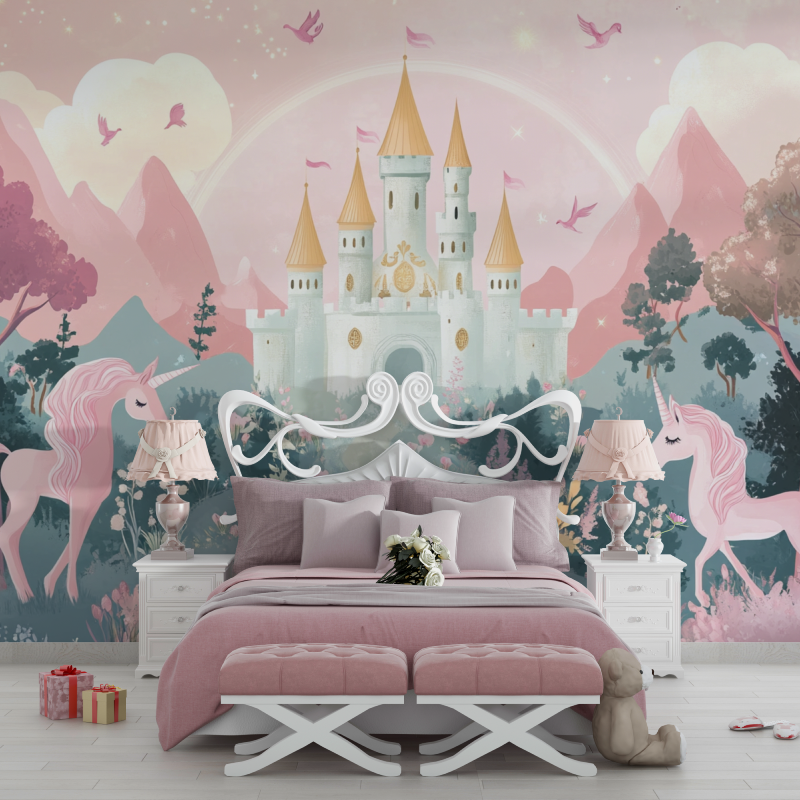 Princess Mural Wallpaper | Enchanted Castle with Pink Unicorns