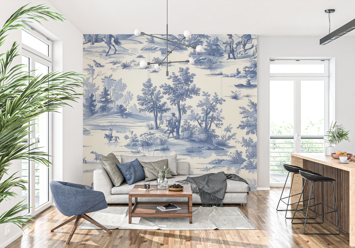 Vintage Mural Wallpaper | Blue Toile de Jouy Countryside Scene