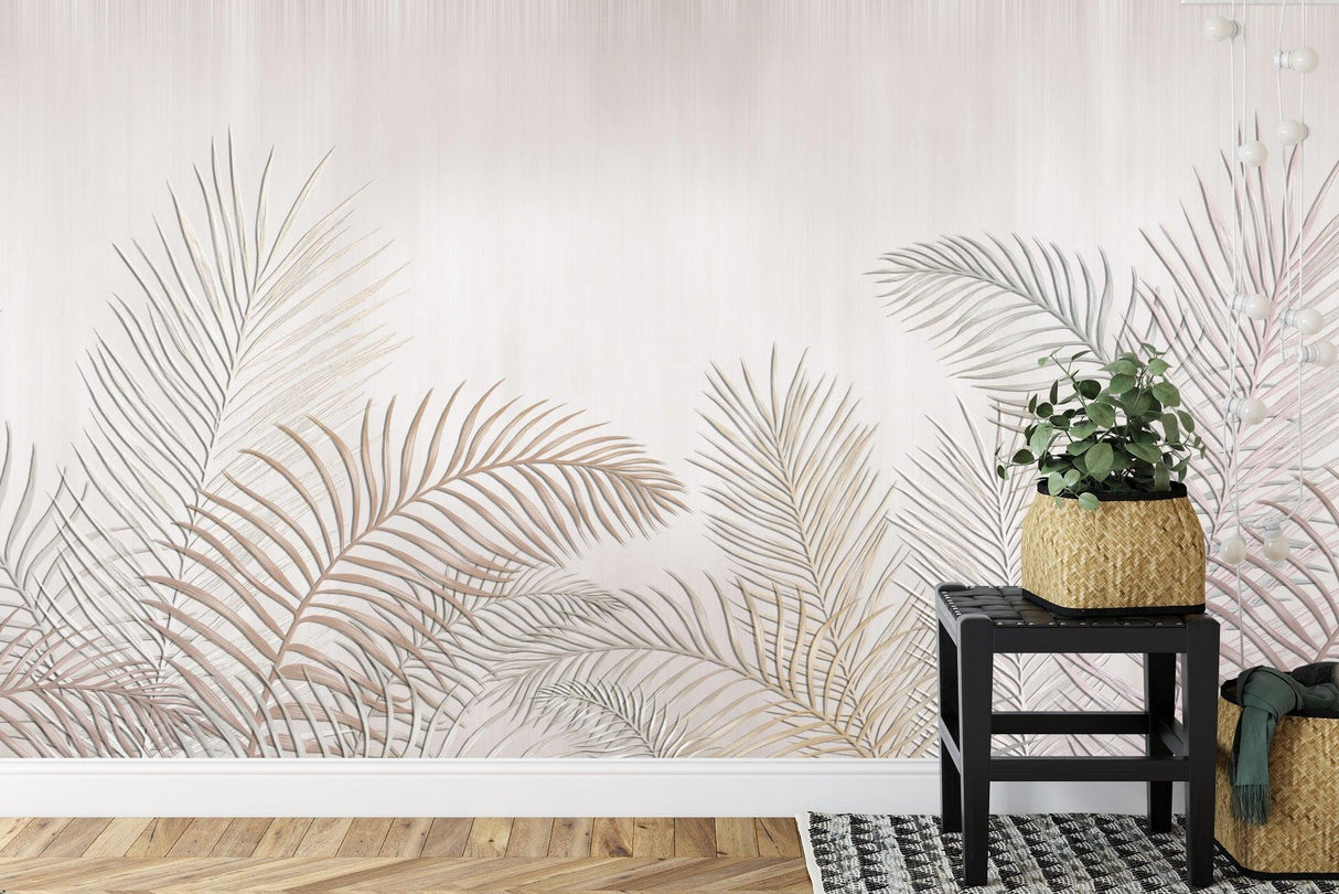 Palm Leaves Mural Wallpaper | Minimalist Beige Tropical Design