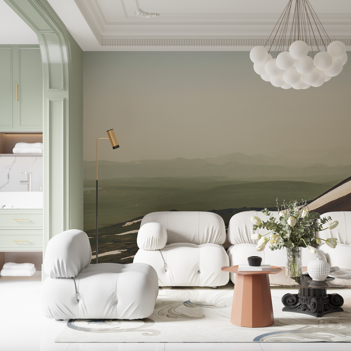 Mountain Mural Wallpaper | Misty Green Landscape with White Waves
