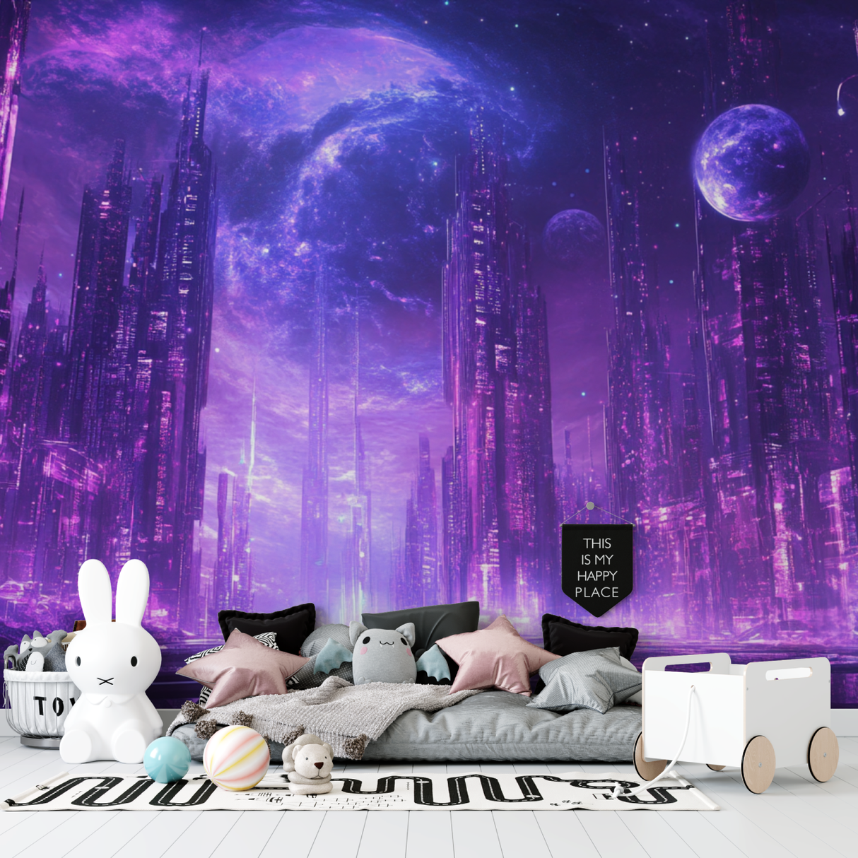 Futuristic Mural Wallpaper | Purple Cyberpunk City Galaxy