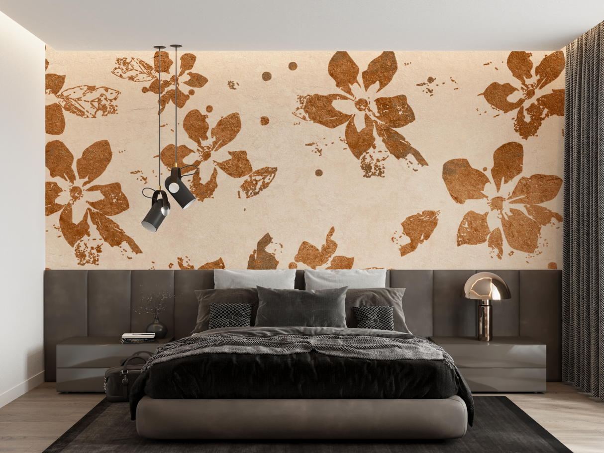 Floral Mural Wallpaper | Terracotta Brushed Bloom Pattern