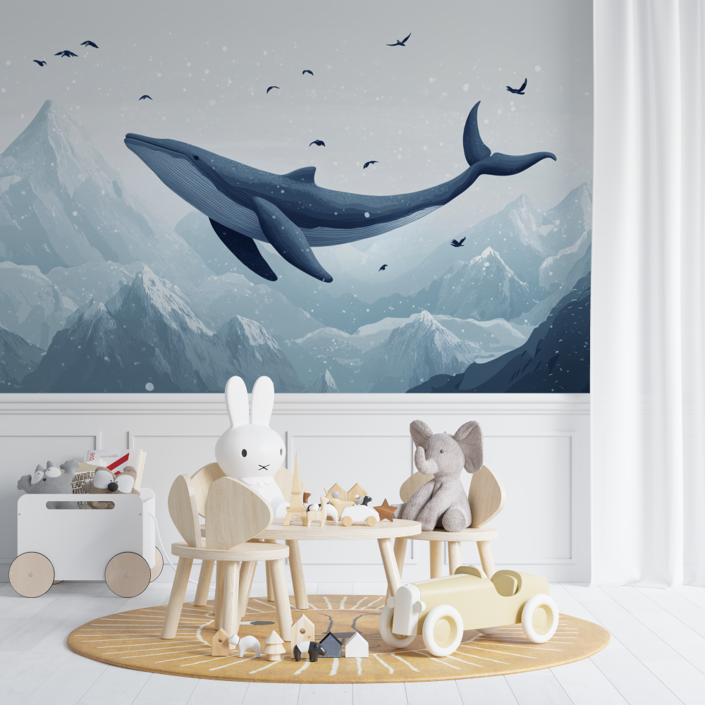 Ocean Mural Wallpaper | Flying Whale Over Mountains