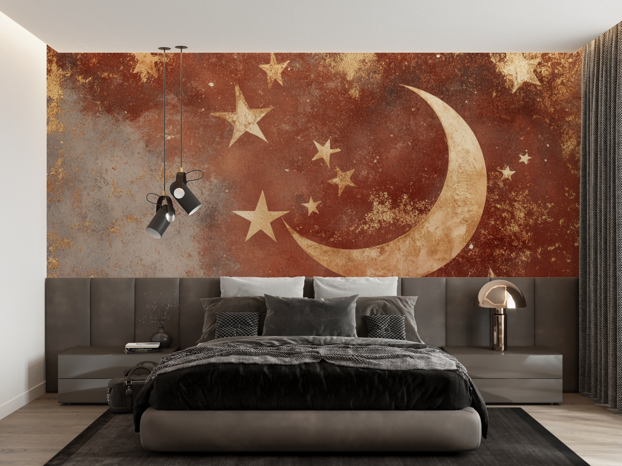 Celestial Mural Wallpaper | Terracotta Moon and Stars Design