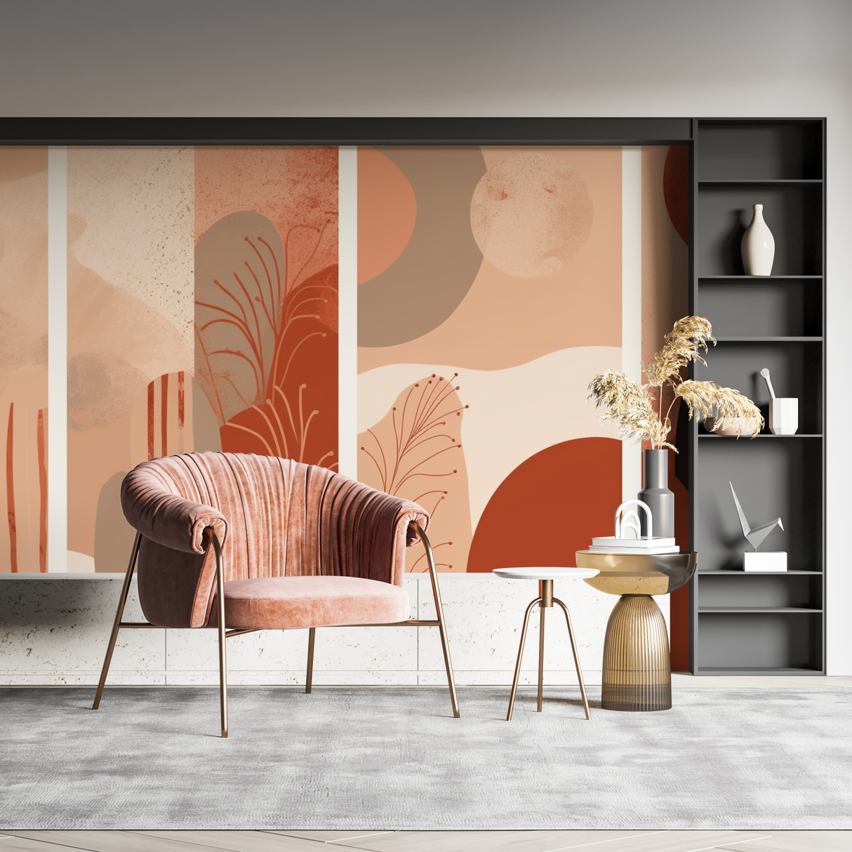 Abstract Mural Wallpaper | Terracotta Curves and Floral Design