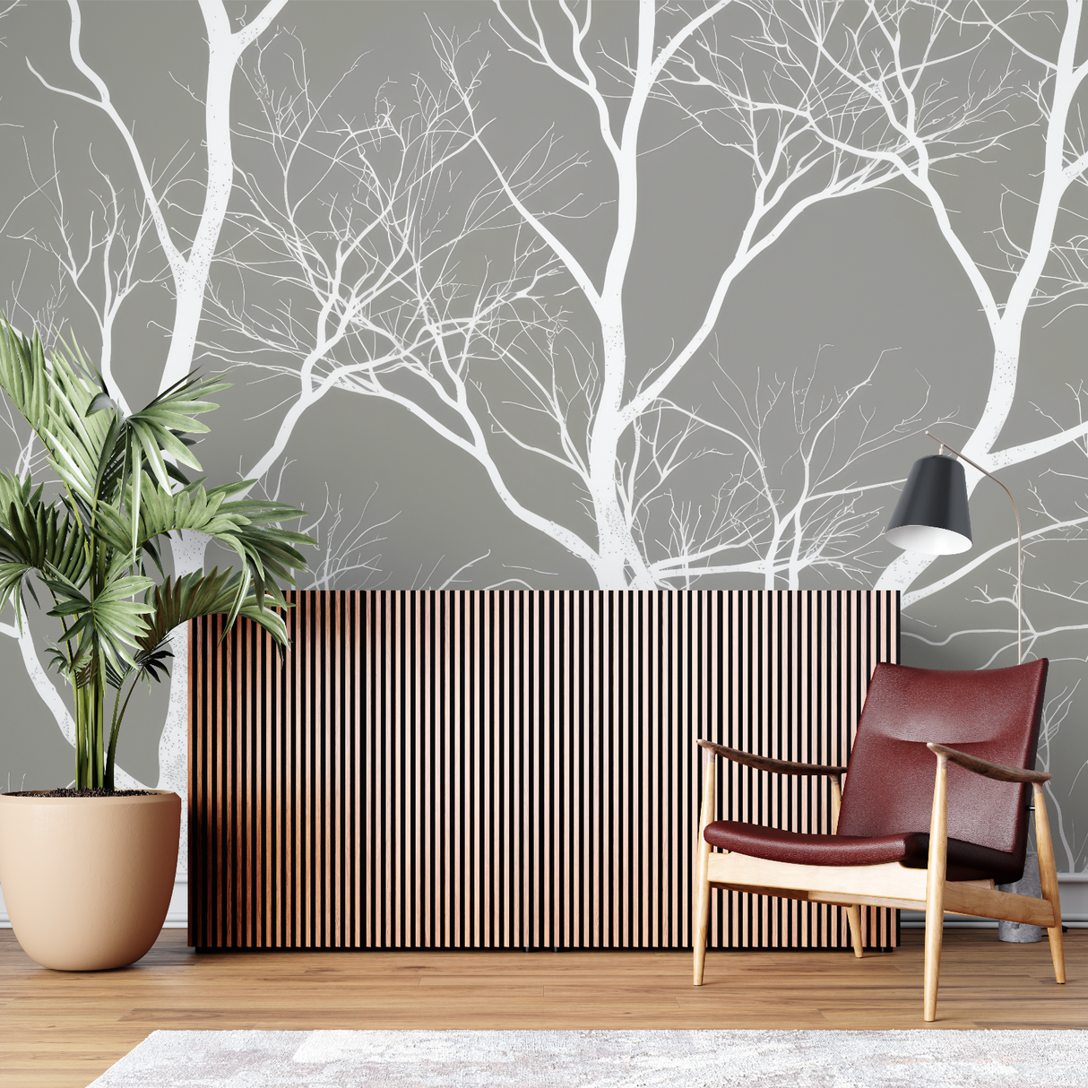 Tree Mural Wallpaper | White Branches on Grey Background