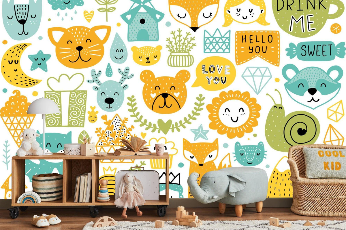 Kids Animal Mural Wallpaper | Playful Forest Friends Pattern