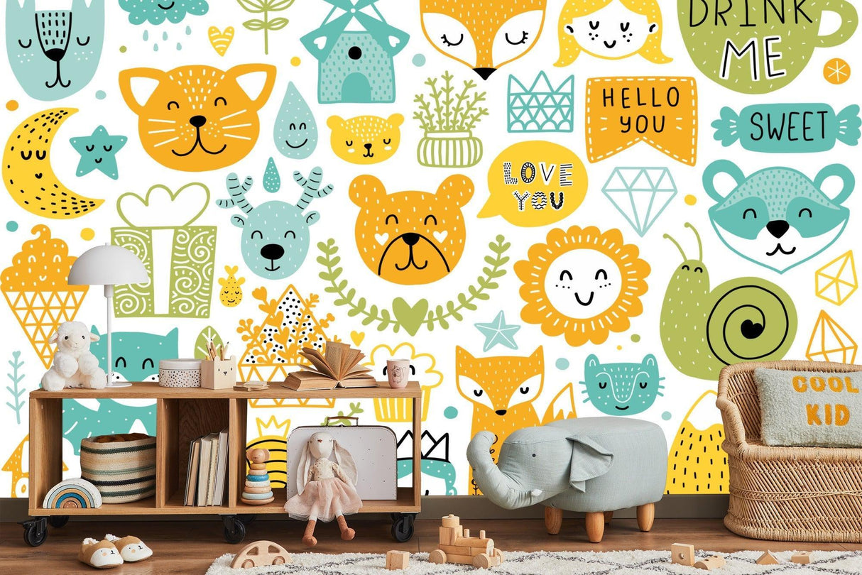 Kids Animal Mural Wallpaper | Playful Forest Friends Pattern