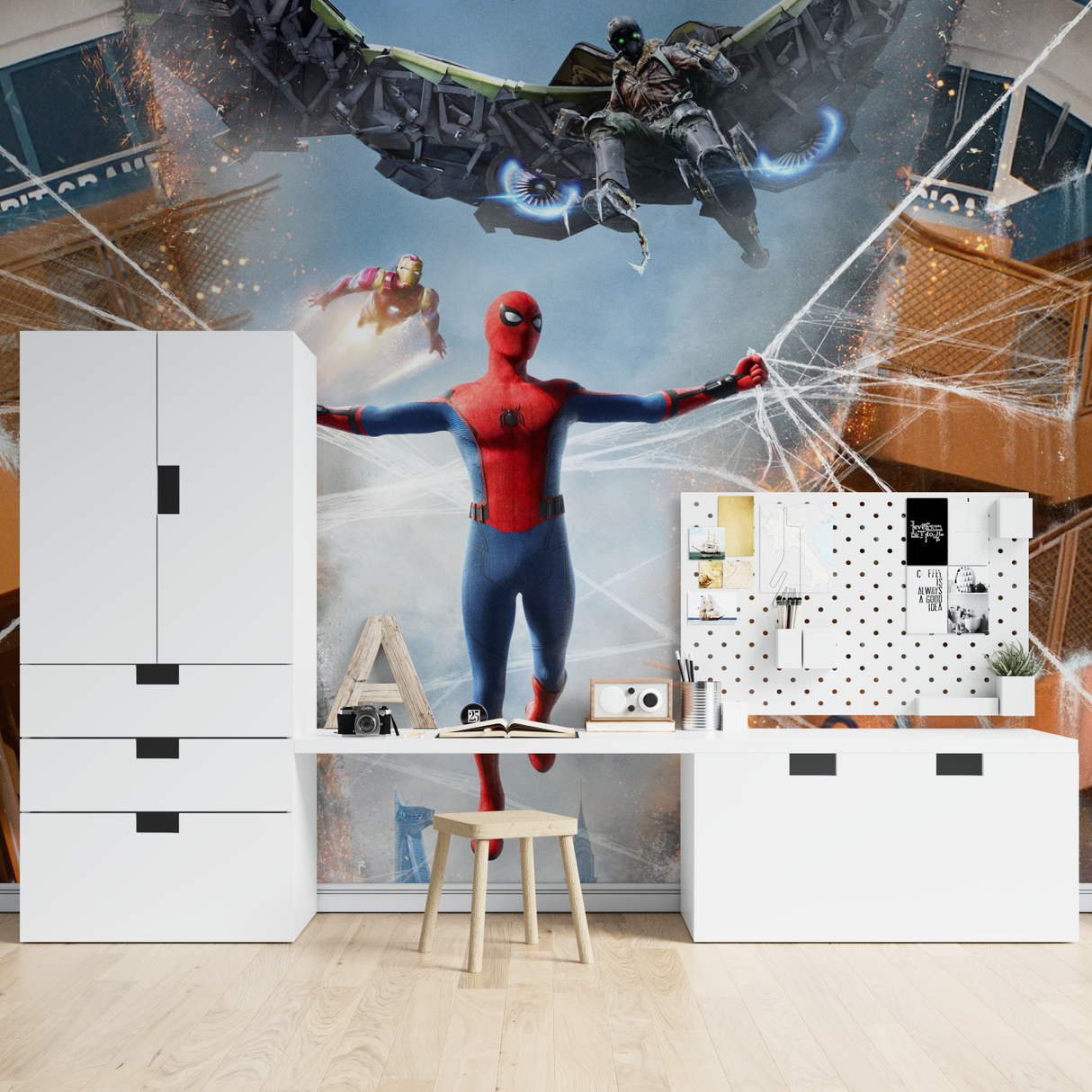 Superhero Mural Wallpaper | Spider-Man Battle Scene with Iron Man