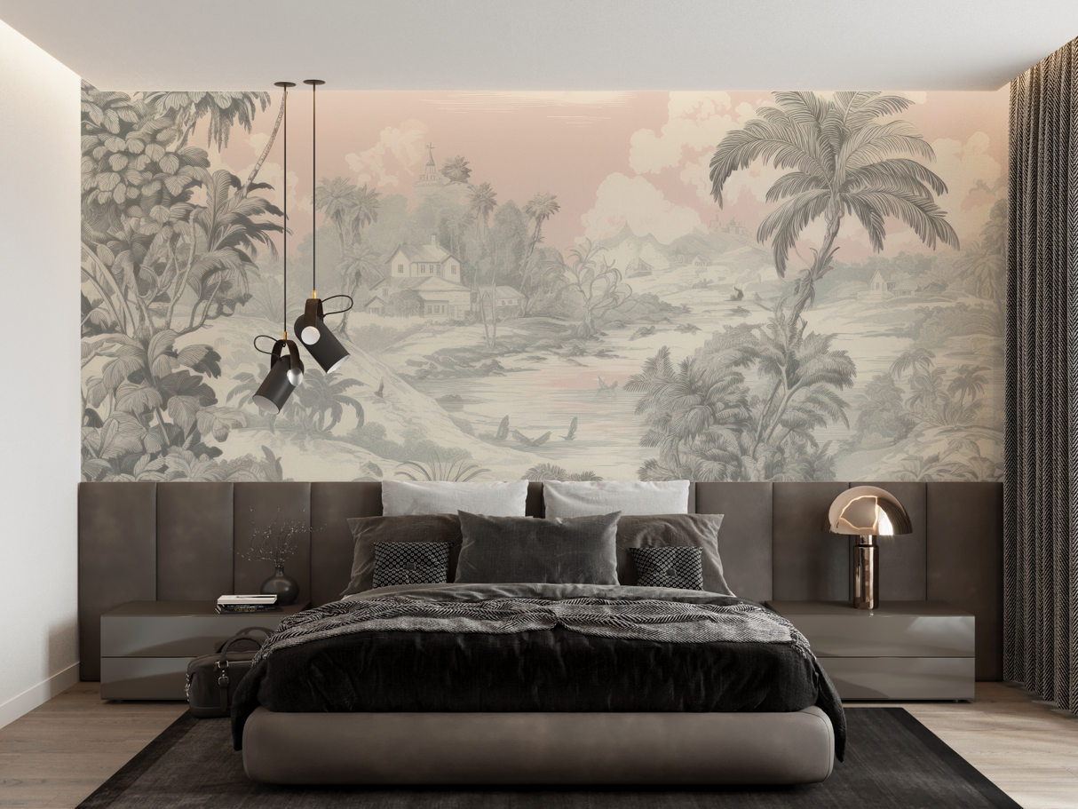 Tropical Mural Wallpaper | Vintage Palm Trees Landscape in Beige
