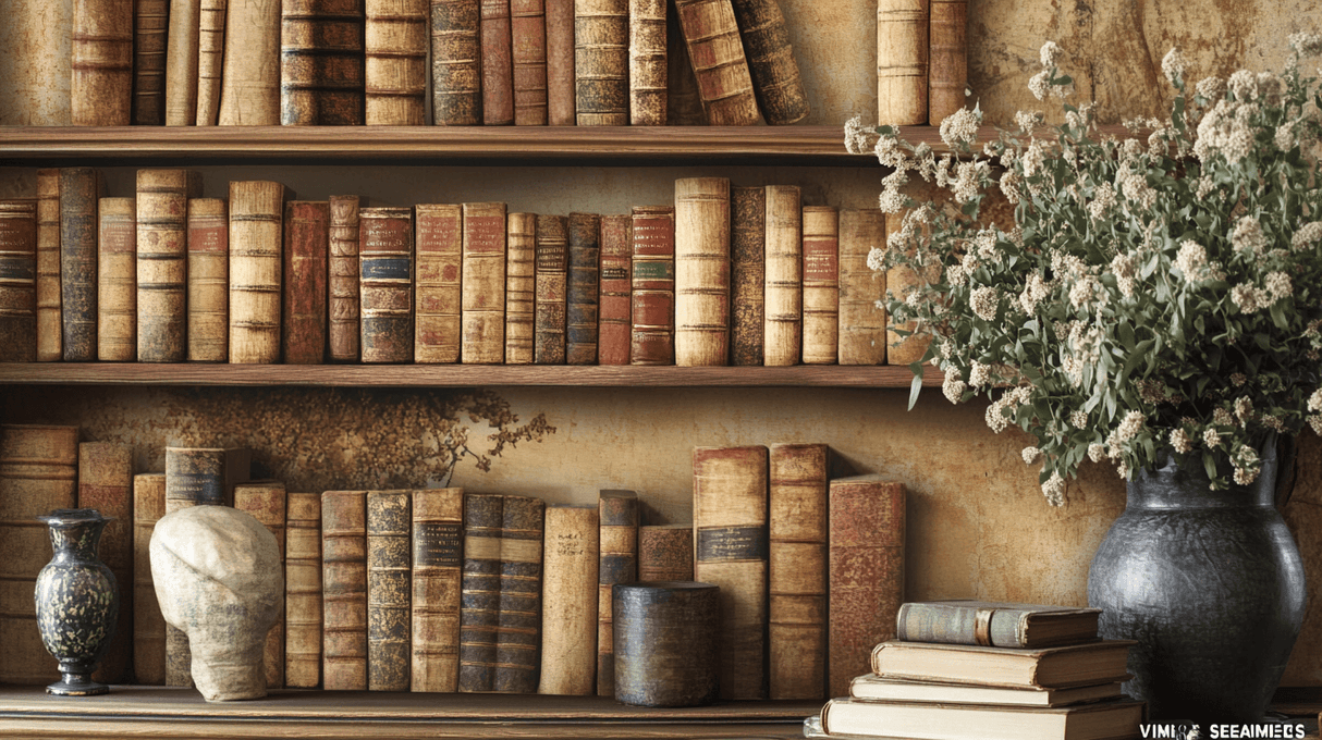 Vintage Library Mural Wallpaper | Antique Bookshelf Trompe l'Oeil