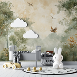 Forest Mural Wallpaper | Misty Trees with Flying Birds