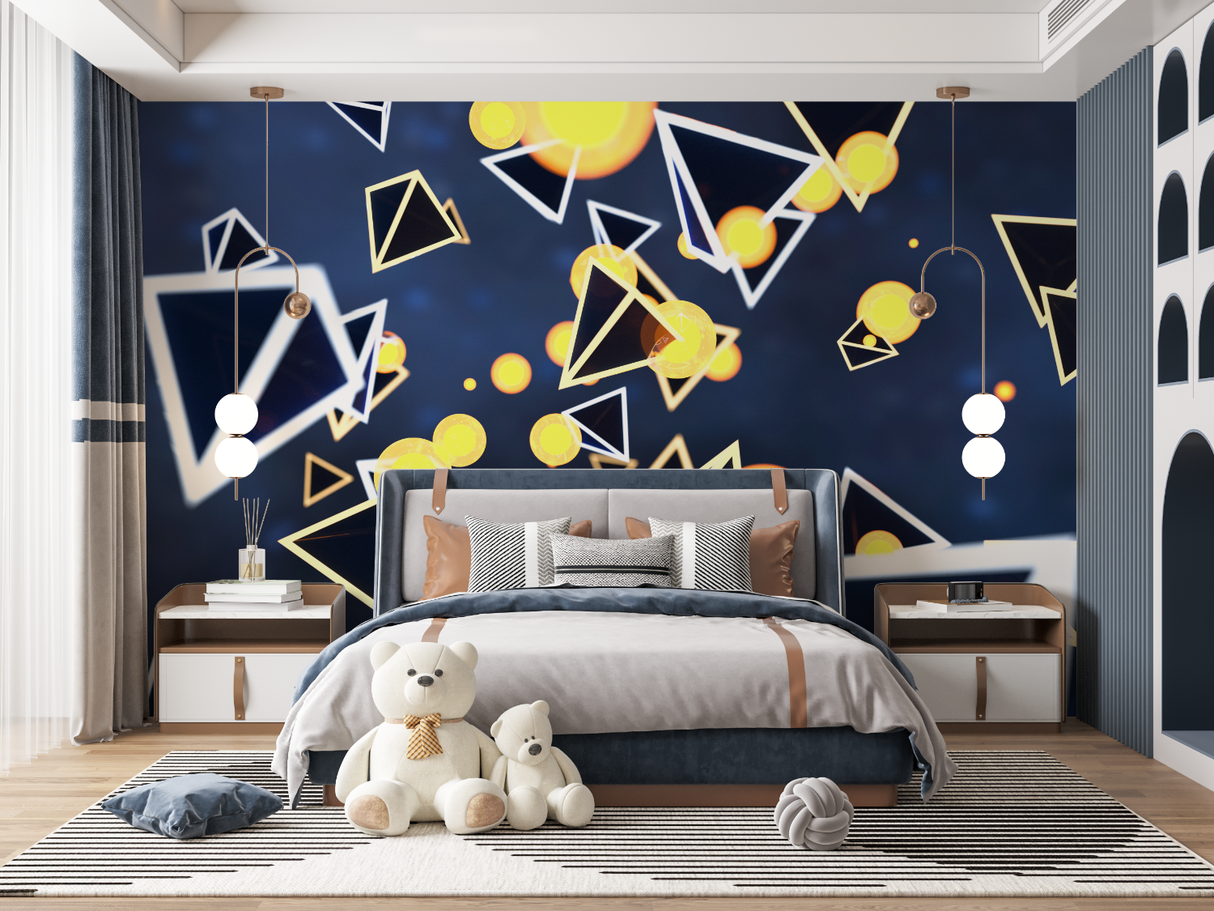 Geometric Mural Wallpaper | Modern Blue and Gold Abstract Design