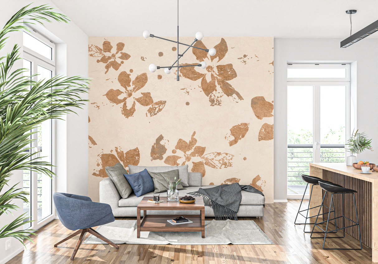 Floral Mural Wallpaper | Terracotta Brushed Bloom Pattern