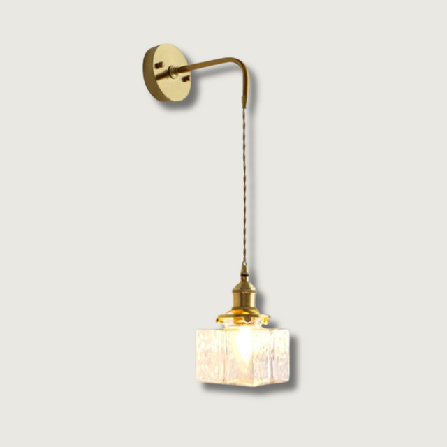 Vintage Wall Sconce  Brass Cube Glass Shade - Product showcase