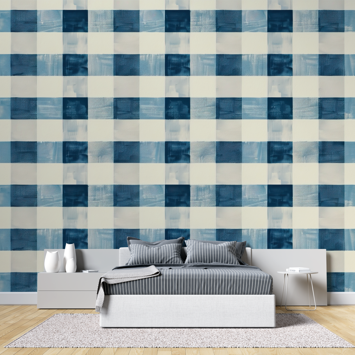 Pattern Mural Wallpaper | Blue and Cream Gingham Design