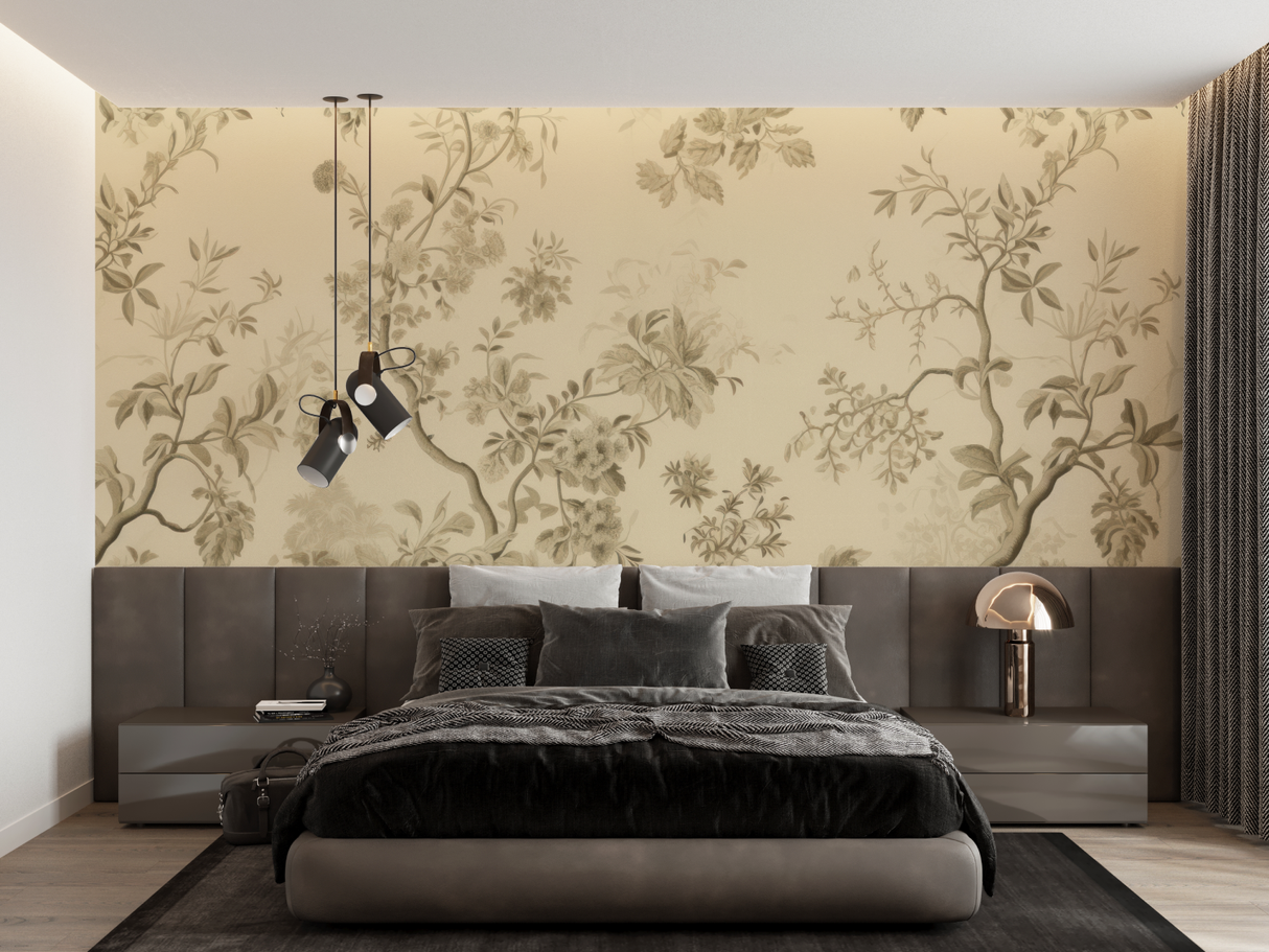 Floral Mural Wallpaper | Vintage Beige Toile de Jouy Pattern