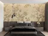 Floral Mural Wallpaper | Vintage Beige Toile de Jouy Pattern