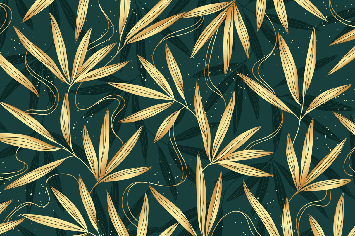 Bamboo Mural Wallpaper | Elegant Gold Leaves on Green