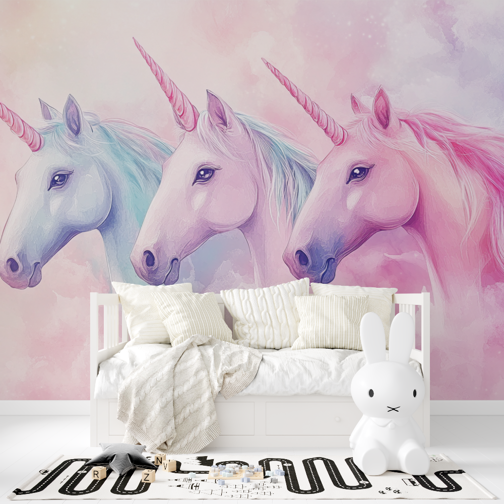 Unicorn Mural Wallpaper | Magical Pastel Trio with Pink and Blue