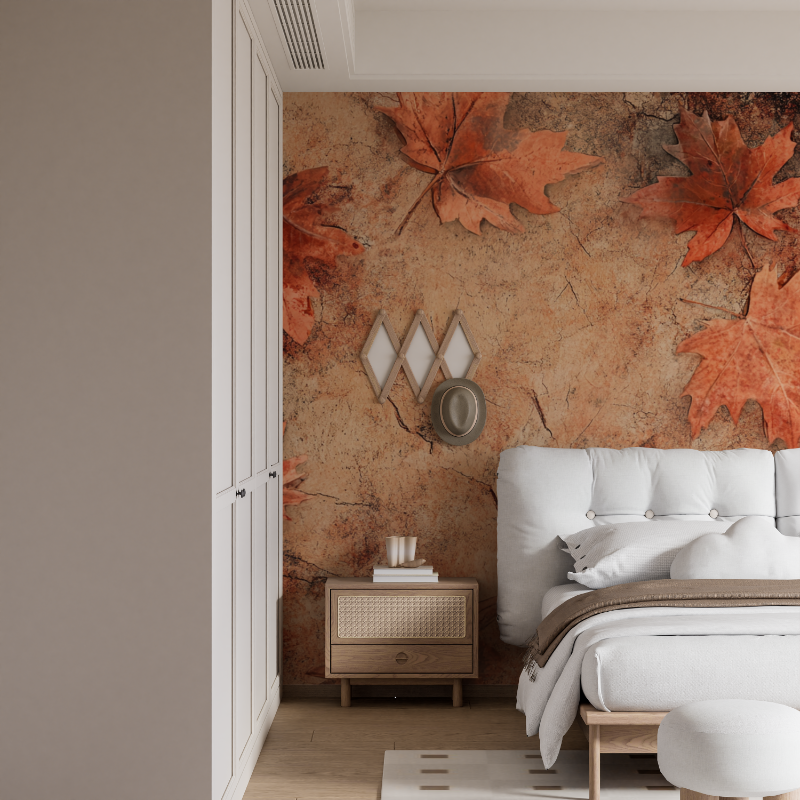 Nature Mural Wallpaper | Terracotta Maple Leaves with Aged Effect