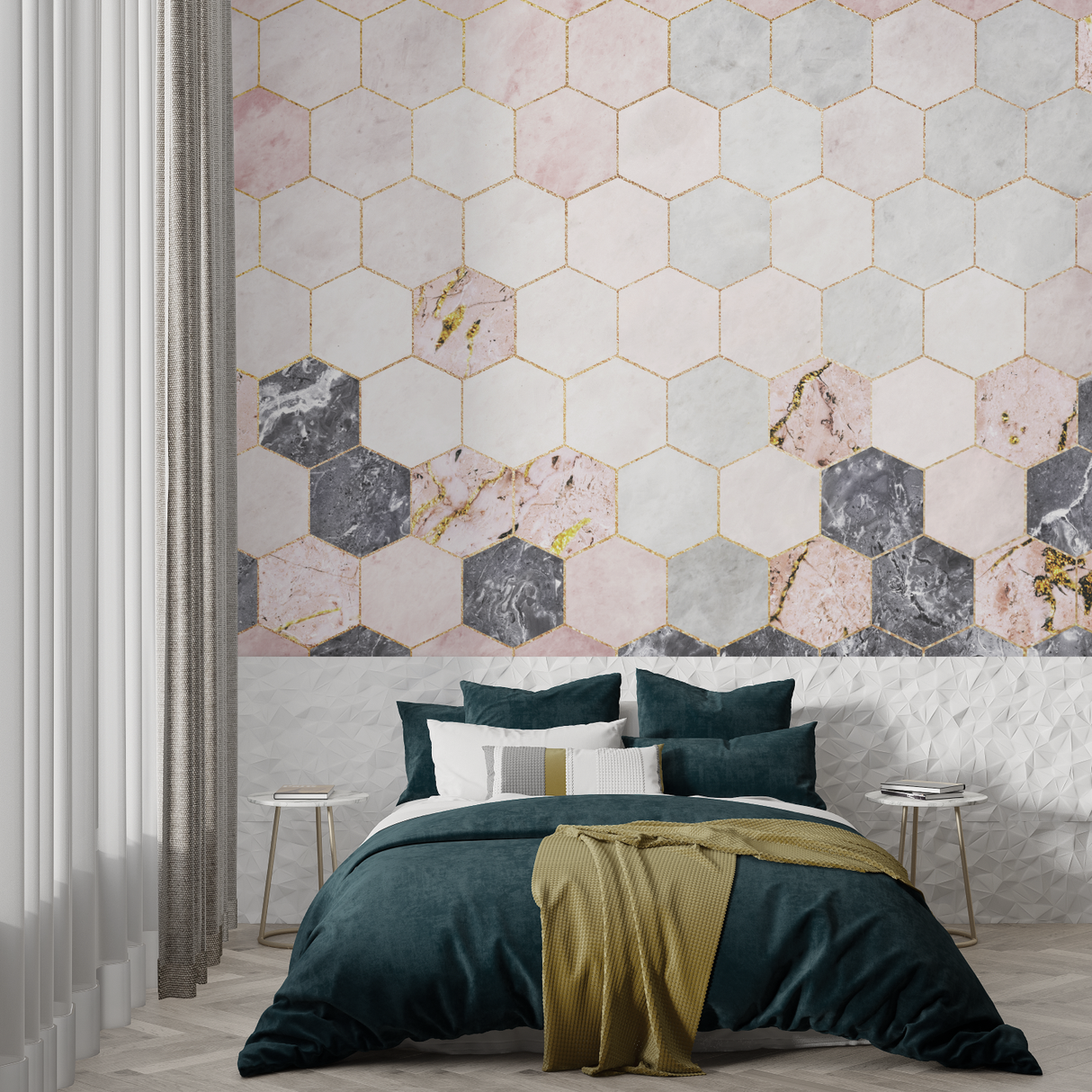 Geometric Mural Wallpaper | Pink and Grey Marble Hexagons with Gold