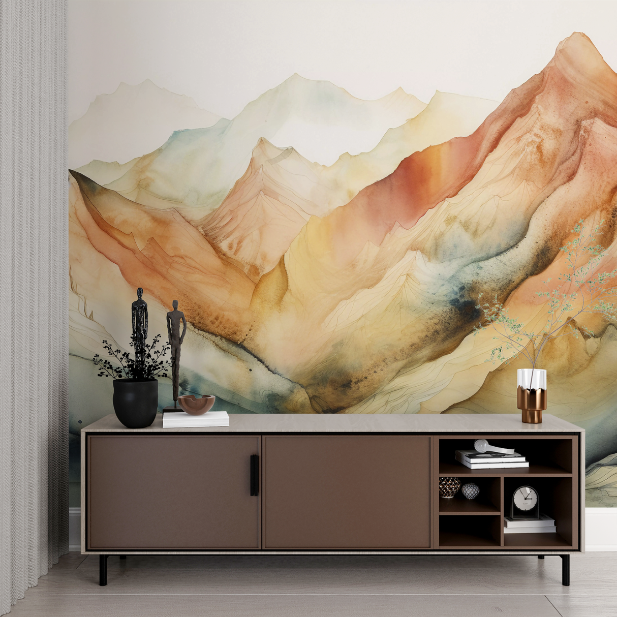 Mountain Mural Wallpaper | Watercolor Terracotta Landscape