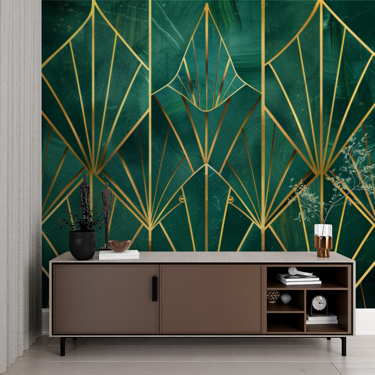Art Deco Mural Wallpaper | Emerald Green and Gold Geometric Pattern