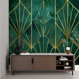 Art Deco Mural Wallpaper | Emerald Green and Gold Geometric Pattern