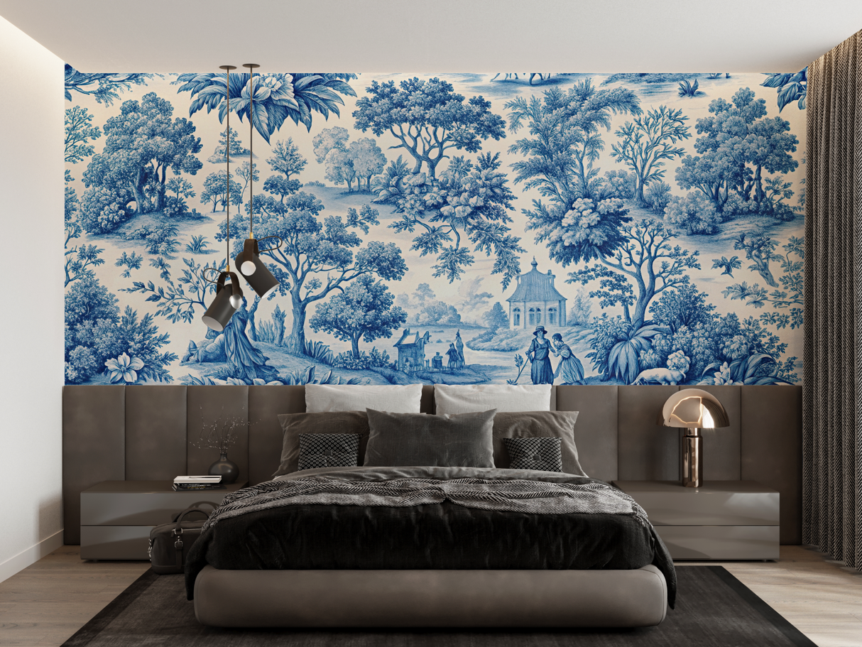 Vintage Mural Wallpaper | Blue Toile de Jouy Pastoral Scene