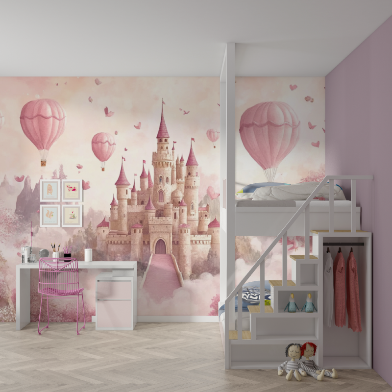 Princess Castle Mural Wallpaper | Pink Fantasy with Hot Air Balloons