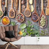 Kitchen Mural Wallpaper | Rustic Spices and Herbs Display