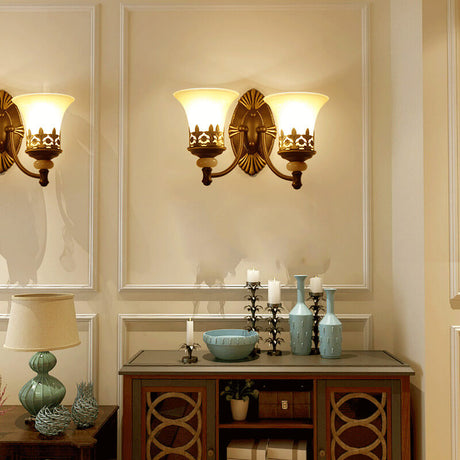 Vintage Wall Sconce  Dual Glass Shades With Crown Detail - Product showcase