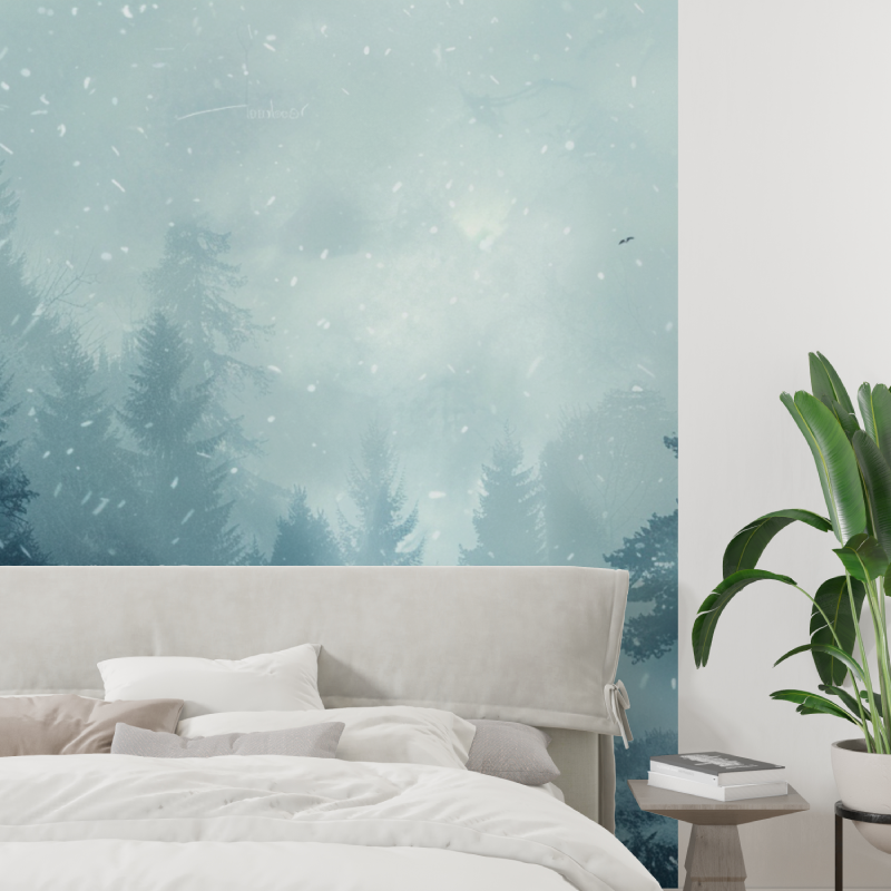 Forest Mural Wallpaper | Snowy Pine Trees With Deer