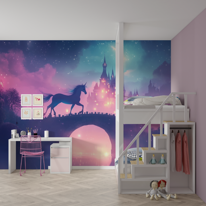 Unicorn Mural Wallpaper | Magical Castle in Pink Twilight Sky