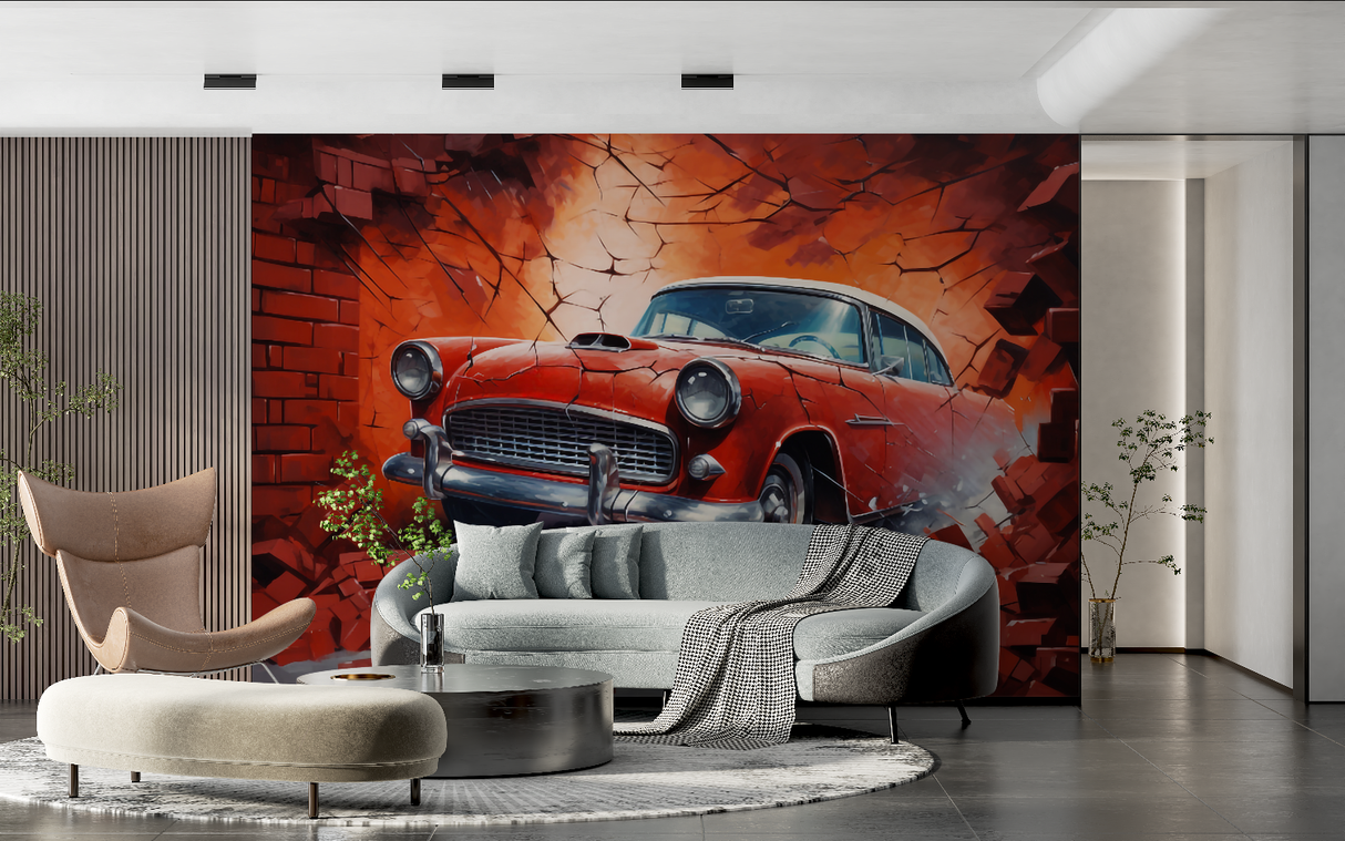 Vintage Car Mural Wallpaper | Classic Red Auto Breaking Through Brick Wall