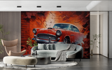 Vintage Car Mural Wallpaper | Classic Red Auto Breaking Through Brick Wall