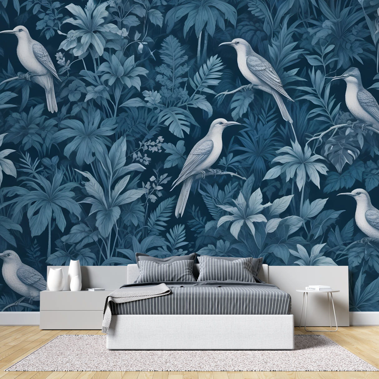 Tropical Birds Mural Wallpaper | Blue Jungle Paradise Design