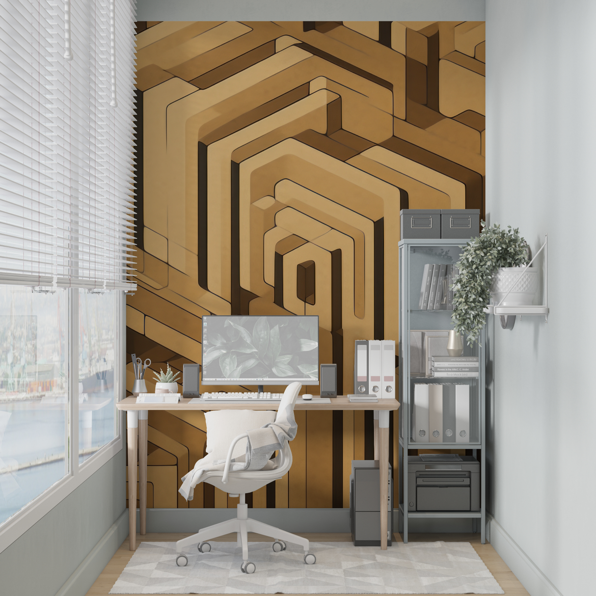 Geometric Mural Wallpaper | 3D Golden Labyrinth Design