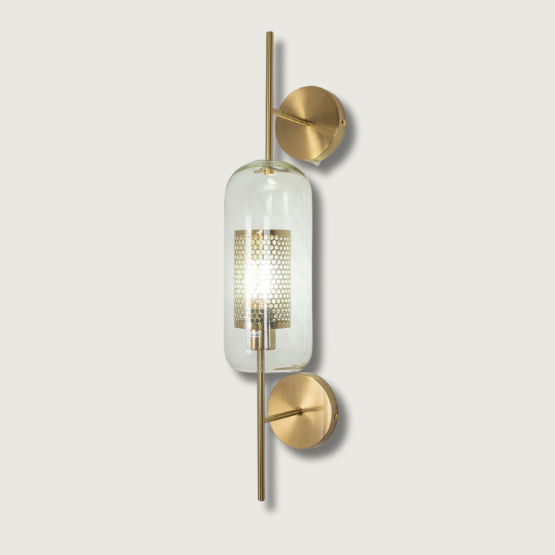 Modern Glass Wall Lamp  Brushed Brass with Clear Cylinder Shade - Product showcase