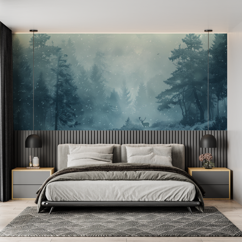 Forest Mural Wallpaper | Snowy Pine Trees With Deer
