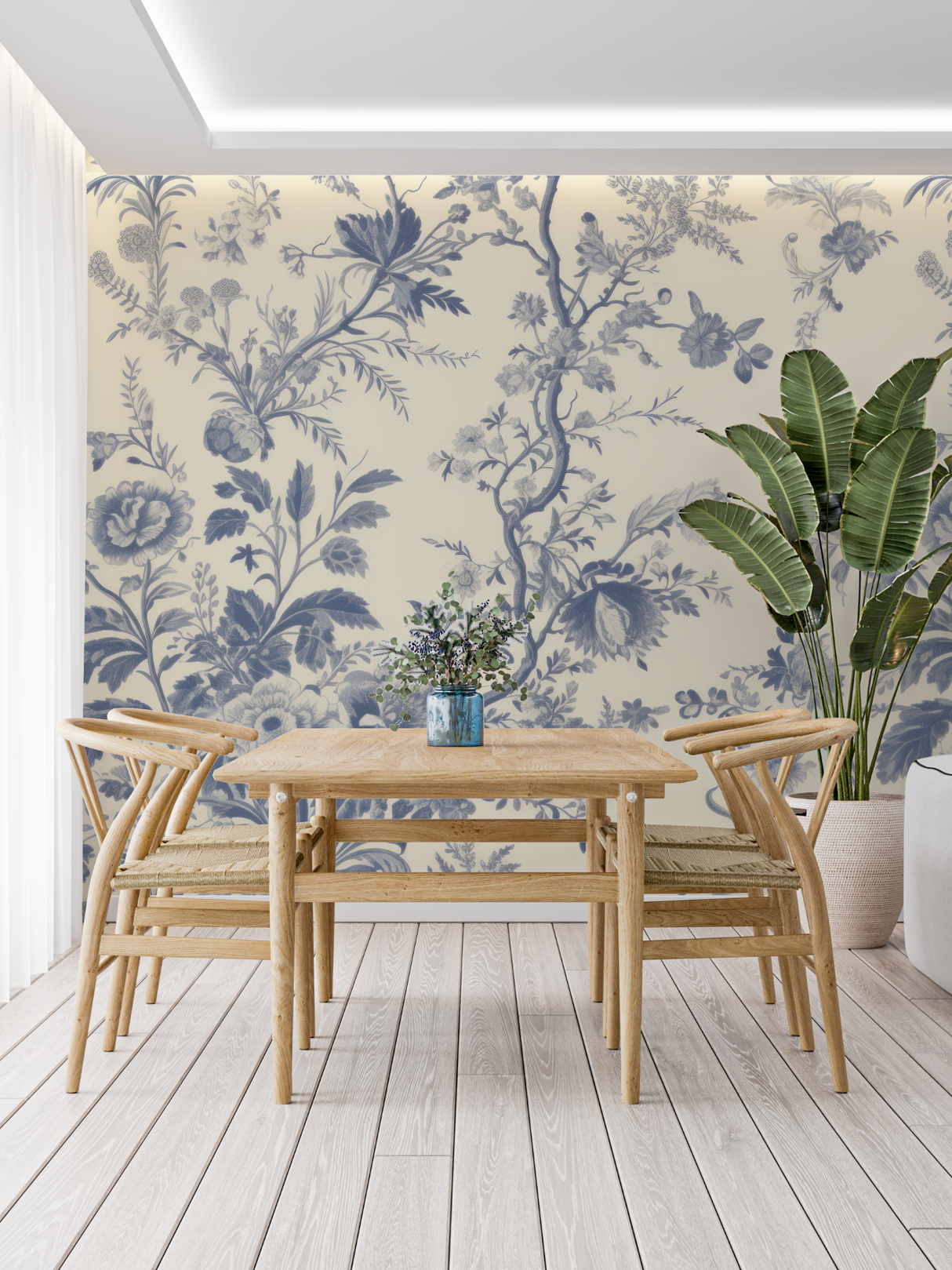 Floral Mural Wallpaper | Vintage Blue Toile de Jouy Pattern