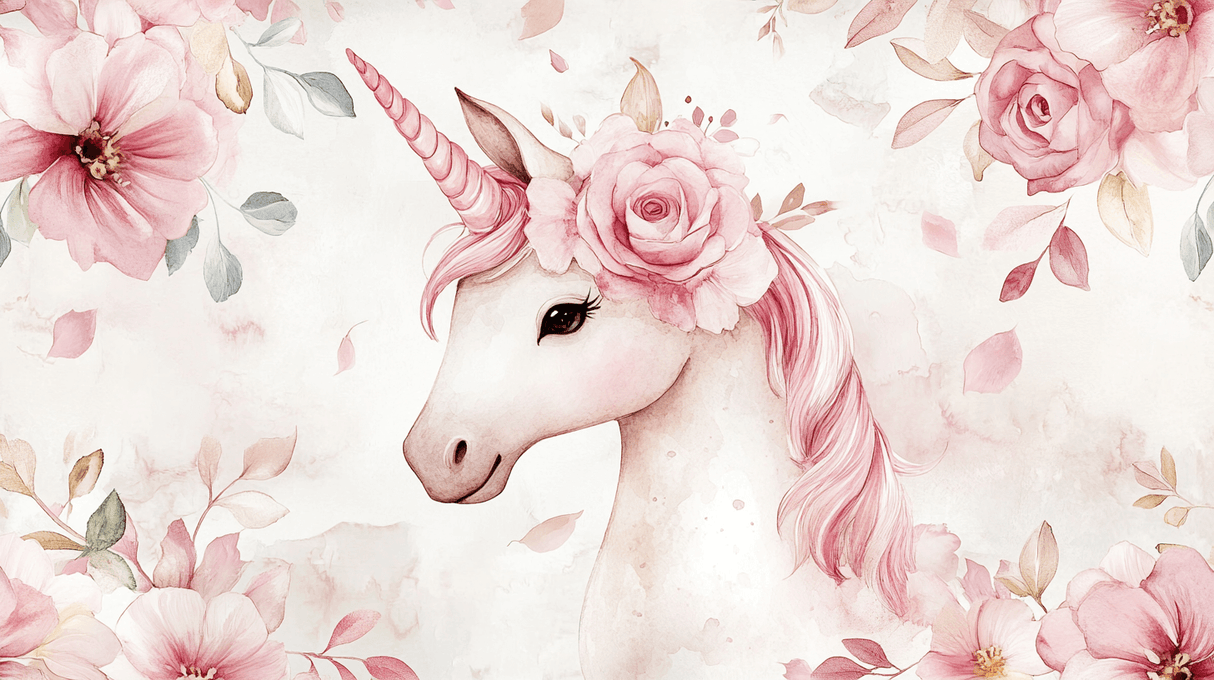 Unicorn Mural Wallpaper | Pink Roses and Watercolor Design
